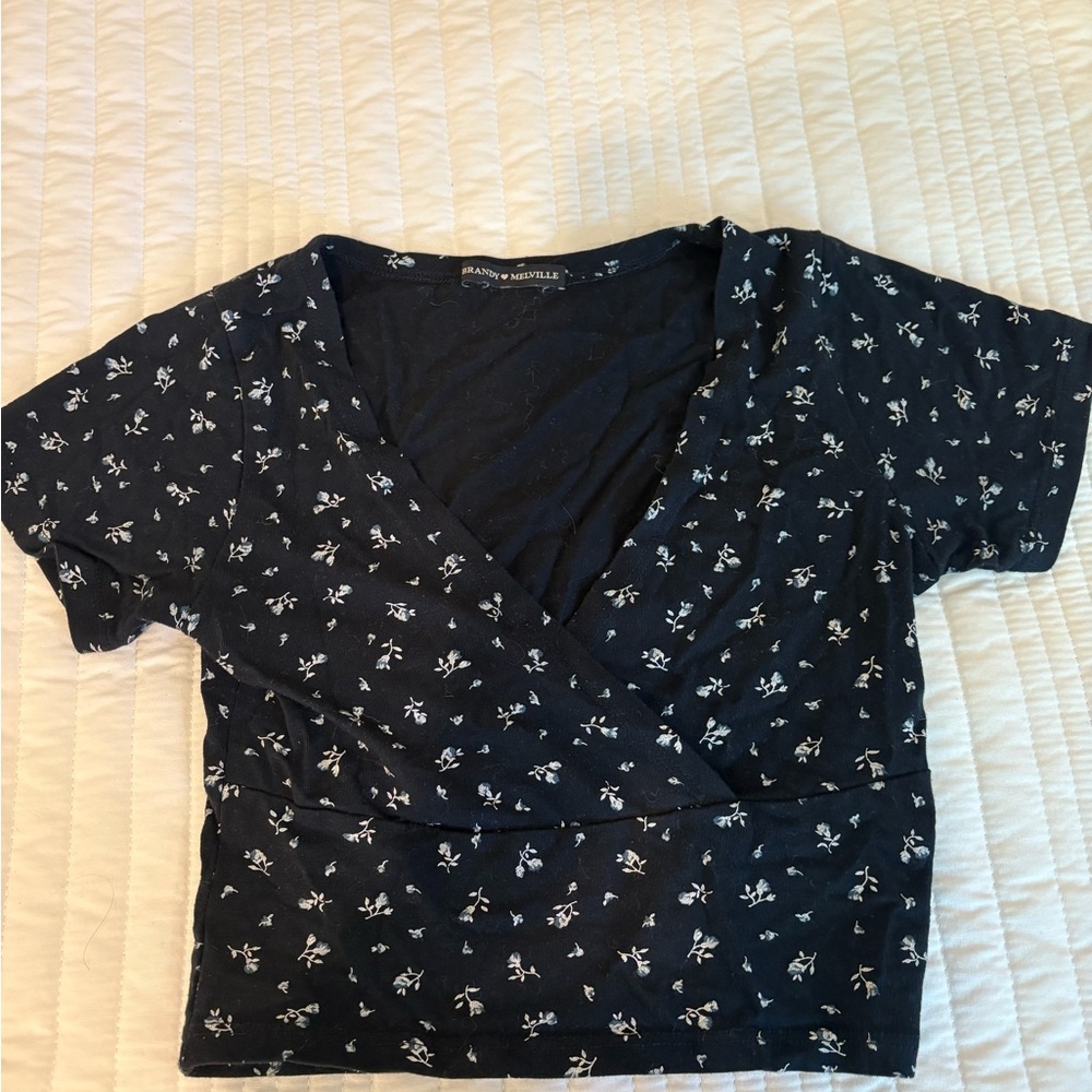 Brandy Melville Black and White Wrap Crop Blouse